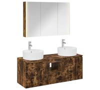 Fecpoo Lot de 4 armoires de salle de bain en chêne fumé 60,83 kg | Montage mural, matériau en bois résistant à l'humidité, éclairage miroir LED, 11 étagères, 7 portes, 1 tiroir