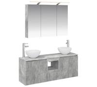 Fecpoo Lot de 4 armoires de salle de bain Gris béton 100 x 14,5 x 70 cm | Bois résistant à l'humidité, montage mural, avec éclairage miroir LED, 11 étagères, 7 portes, 1 tiroir