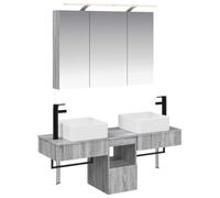 Fecpoo Lot de 4 armoires de salle de bain Gris Sonoma 100 x 14,5 x 70 cm | Montage mural, matériau en bois, éclairage miroir LED, 11 étagères, 8 portes