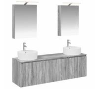 Fecpoo Lot de 5 armoires de salle de bain Gris Sonoma 51,9 kg | Matériau en bois résistant à l'humidité, montage mural avec éclairage miroir LED, 9 étagères et 8 portes
