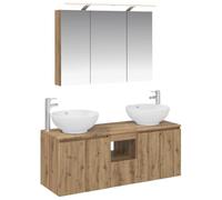 Fecpoo Meuble de salle de bain 4 pièces Chêne Artisan 61 kg Montage mural | Matériau en bois résistant à l'humidité, éclairage miroir LED intégré, 11 étagères et 7 portes