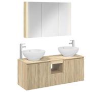 Fecpoo Meuble de salle de bain 4 pièces Chêne Sonoma 61,5 kg Montage mural | Matériau en bois avec protection contre l'humidité, éclairage de miroir LED, 11 compartiments et 7 portes, montage facile