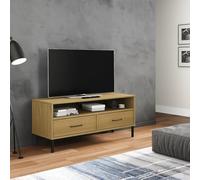 Fecpoo Meuble TV Oslo avec 2 tiroirs et pieds en métal, pin massif, marron, 106 x 40 x 46,5 cm