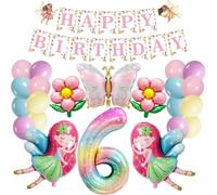 Fée Ballons Decoration Anniversaire Fille 6 Ans,Ballon Papillon Decoration | 23 Kit Ballon Chiffre Deco Anniversaire Fille mit Happy Birthday Bannière,pour Fée Thème Fête