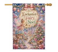 Fée enchantée hiver forêt Noël maison drapeau 71,1 x 101,6 cm | Scène de forêt fantaisie, drapeau de pelouse, cerf et lapin, arbre de Noël étincelant, nœud décoratif