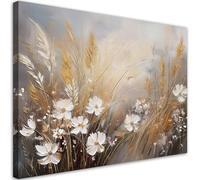 Feeby Impression sur toile - Champ d'herbes Fleurs Boho Beige - decoration chambre - 60x40 cm - decoration murale - decoration maison - Moderne - ART - poster mural