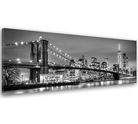 Feeby Impression sur Toile Intissé Pont De Brooklyn Manhattan 150x50 cm Image Moderne Tableau Déco Mural Salle De Séjour New York City De Nuit NYC USA noir et blanc