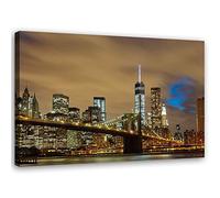 Feeby Impression sur Toile Intissé Pont de Brooklyn USA NY 90x60 cm Image décoration Murale Design Chambre d'enfant Ville de New York Manhattan by Night Gratte-ciel Skyline marron