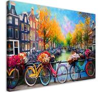 Feeby - Impression sur Toile - Tableau Decoration Murale - Amsterdam Vélos Paysage urbain - 90x60 1partie - Salon Peinture Tableaux - Moderne Reproductions Tableaux - Décoration Chambre