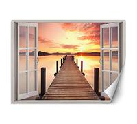 Feeby Papier Peint Intisse Coucher De Soleil Sur Le Lac 140x100 cm orange XXL Photo Mural Muraux Tapisserie Vue De La Fenêtreillusion 3D