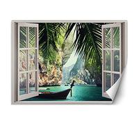 Feeby Photo Murale Intisse Vue De La Fenêtre Illusion 3D 210x150 cm bleu Colle Inclus Salon Chambre A Enfant Coucherr Bureau Salle Cuisine Baie Exotique Rochers Bateau