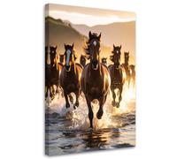 Feeby - Tableaux Decoratifs - Tableau Salon Grand Format - Troupeau de chevaux courant dans l'eau - 60x90 1partie - Tableau Decoration Murale - Toile Imprimée - Impression sur Toile Peinture