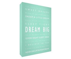 Feel Good Art Toile Boîte Galerie enveloppé avec panneau avant en massif design moderne et Typographie Anglais (91 x 60 x 4 cm, X-Large, Vert Menthe, Dream Big)