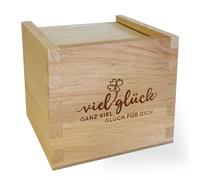 Feel Green - WE CREATE NATURE Coffret cadeau avec gravure « Viel Glück » - Emballage cadeau en bois d'aulne avec couvercle coulissant, 11 x 11 x 9,5 cm, sans plastique et qualité européenne