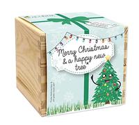 Feel Green - WE CREATE NATURE ecobox Arbre de Noël Merry Christmas and a happy new tree, plantes dans la boîte en bois 11 x 11 x 10 cm, fabriqué en Autriche, idée cadeau durable, kit de culture