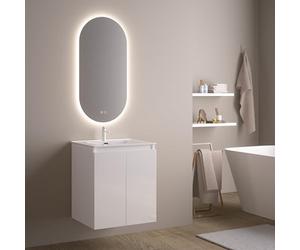 Feel Your Bath, Meuble De Salle De Bain Wolf Blanc 60 cm, 2 Portes, Vasque Céramique Intégrée Et Miroir Ovale LED Antibuée