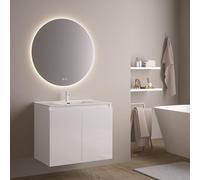 Feel Your Bath, Meuble De Salle De Bain Wolf Blanc 80 cm, 2 Portes, Vasque Céramique Intégrée Et Miroir Rond LED Antibuée
