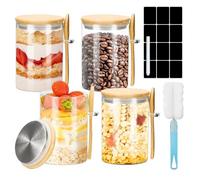 Feelhap Bocal en Verre, Lot de 4 Bocaux de Conservation en Verre avec Hermétique Couvercle et Cuillère 600 ml Pot en Verre, Overnight Oats Jar, Bocaux Rangement Cuisine pour Épices Thé Grains de Café