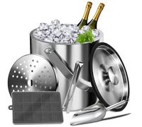 Feelhap Seau à Glace en Acier Inoxydable 4L Seau à Glace Isotherme Double paroi Seau à Champagne avec Couvercle Pinces Pince à glaçons Pelle Passoire Rafraîchisseur pour Champagne Vin Boissons Bière