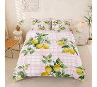 feelingyou Parure de lit d'été citron aquarelle plante fruitée tropicale taille L pour adulte jaune, rose, vert, comprend 1 housse de couette 200 x 200 cm + 2 taies d'oreiller 80 x 80 cm