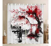 feelingyou Rideau Samouraï Japonais, Aquarelle Fleurs Rouges Arbres Rideaux de Fenêtre pour Filles Garçons Encre Traditionnelle Lavage Peinture Fenêtre Traitement Rideaux pour Salon Taille S