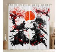 feelingyou Rideaux de fenêtre samouraï japonais, aquarelle rouge fleurs de cerisier rideaux de décoration d'intérieur, tournesols peinture à l'encre noire, rideaux de fenêtre durables pour enfants