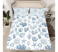 feelingyou Sealife Parure de lit 2 pièces avec plaque d'encastrement pour enfant Motif coquillage Corail/étoiles/coquillage Bleu aquarelle Blanc