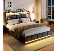FEEOHOME Lit capitonné 140 x 200 cm, lit 2 Places avec Rangement et sommier à Lattes, lit Coffre Multifonction avec LED et USB, Cadre de Lits avec tête de lit pour Adulte Adolescent, PU, Noir