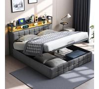 FEEOHOME Lit Double rembourré 140 x 190 cm, Lit Coffre avec Rangement et sommier à Lattes, lit Deux Places avec USB et LED, Cadre de lit avec Fonction hydraulique pour Adulte Adolescent (Gris)
