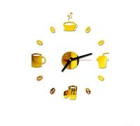 Feeshoppher Horloge murale 3D en acrylique avec miroir en forme de tasse à café avec affichage créatif, diamètre 40 cm, autocollant pour salon, chambre, cuisine, bureau, doré, argenté ou noir (doré)