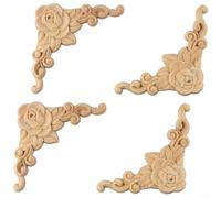Feeshoppher Lot de 4 appliques d'angle en bois sculpté pour décoration de meubles pour portes, armoires, miroirs, murs, style européen élégant, 8 x 8 cm, couleur bois naturel, décoration d'intérieur