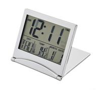 Feeshoppher Réveil numérique pliable avec station météo LCD, moniteur de température et d'humidité, affichage de la date, mode 12/24h, fonction snooze, horloge de bureau portable pour voyage (argent)
