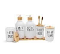 FEILANDUO Ensemble salle de bain 6 pièces plastique bambou, finition mate, blanc, plateau coiffeuse, distributeur savon, support brosse dent, Qtip, support boule dent