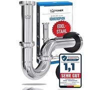 FEINER Siphon universel de qualité supérieure pour lavabo en acier inoxydable pré-monté - il suffit de visser la bonde de lavabo 1 1/4" chromé, réglable de 2 à 12 cm, joints + vidéo de montage