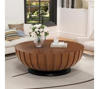 FeiZhiYanS Table Basse à Tambour Ronde de 35,43 po avec cannelée, Table à Tambour plaquée en Bois Massif fabriquée à la Main, Table Centrale sur piédestal Circulaire pour Salon, Appartement,C
