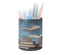 FekiLoot Porte-stylo rond en cuir - Organiseur de bureau multifonction, pot à crayons moderne, porte-crayons « Books in the Sky » - Porte-pinceaux de maquillage unique pour fournitures de bureau et de