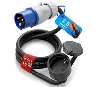 feletec Adaptateur CEE mâle vers Prise Schuko Femelle - Rallonge 1,5 m Camping IP44 - Câble H07RN-F 3G2,5 - 230V 16A pour Caravane, Camping-Car, extérieur
