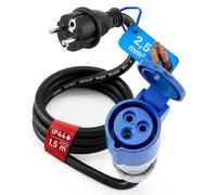 feletec Adaptateur Schuko mâle vers Prise CEE Femelle - Rallonge 1,5 m Camping IP44 - Câble H07RN-F 3G2,5 - 230V 16A pour Caravane, Camping-Car, extérieur