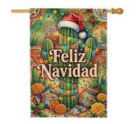 Feliz Navidad Drapeau de maison de Noël avec citation cactus 71 x 101 cm | Chapeau de Père Noël, drapeau de pelouse, guirlande lumineuse, poterie mexicaine, fleurs de souci, motif sud-ouest