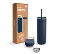 Fellow Bouteille d'eau Carter de 591 ml avec 2 couvercles, couvercle anti-fuite avec poignée en métal, couvercle froid avec paille - Intérieur en céramique et acier inoxydable isolé sous vide - Bleu