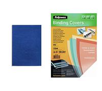 Fellowes 5373902 Delta - Pack de 25 A4 Couvertures de reliure Grain Cuir - Bleu royal & 5380001 - Pack de 25 Couvertures PVC A4-180 Microns - Transparent