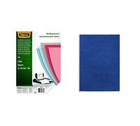Fellowes 5376001 Couvertures de reliure A4 transparentes PVC 150 microns 15/100e & 5373902 Delta - Pack de 25 A4 Couvertures de reliure Grain Cuir - Bleu royal