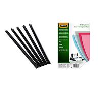 Fellowes 5384001 Pack de 50 Baguettes de reliure manuelle Relido 9-12 mm Noir & 5376102 - Couvertures de reliure PVC transparent A4 en PVC 200 microns - Pack de 100