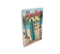 Femer Carte postale rétro en tôle - 10 x 14 cm - Pin Up Surfing Girl - Décoration de fête d'été