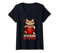 Femme Corgi Chaussette de Noël pour Chien T-Shirt avec Col en V