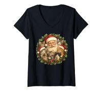 Femme Couronne de Noël Vintage drôle Père Noël et Chatons Chats T-Shirt avec Col en V