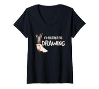 Femme Dessin Artist I'd Rather Be Drawing Art Pinceau Citation T-Shirt avec Col en V