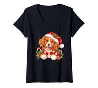 Femme Happy Puppy Chapeau de Père Noël pour Chien T-Shirt avec Col en V
