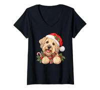 Femme Happy Puppy Chapeau de Père Noël pour Chien T-Shirt avec Col en V