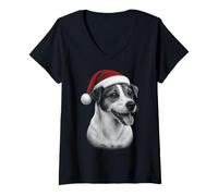 Femme Jack Russell Terrier - Chien Mignon avec Bonnet de Noël Rouge T-Shirt avec Col en V